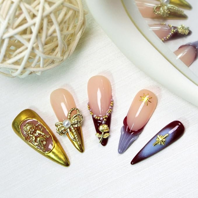 Handmade Press on Nails French Tip False Nails with Golden Little Angel Design - Luxury Gold Vintage 3D Rose Bow Full Cover Reusable Medium Almond Acrylic Nail Tips Thicked Stick on Nail for Women (S)