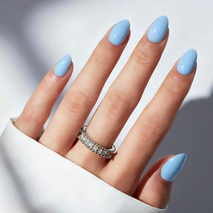 modelones Blue Short Press on Nails, Oval Fake Nails Kit Press Ons with Nail Glue, Adhesive Tabs, Nail File, Prep Pad, Manicure Stick, 32Pcs 16 Sizes, Spring Women Girl Gift