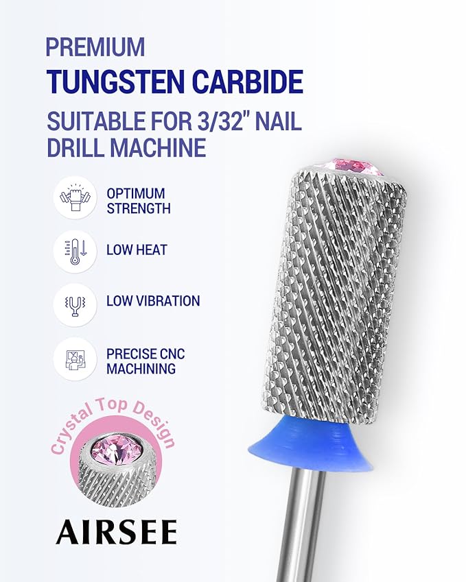 AIRSEE Tungsten Carbide Acrylic Nail Drill Bit Efile Electric File Machine Head Tip for Manicure Polishing Art Remove Gel 3/32" 2 Way Beginner Safety Pink Crystal Top Barrel Medium-M