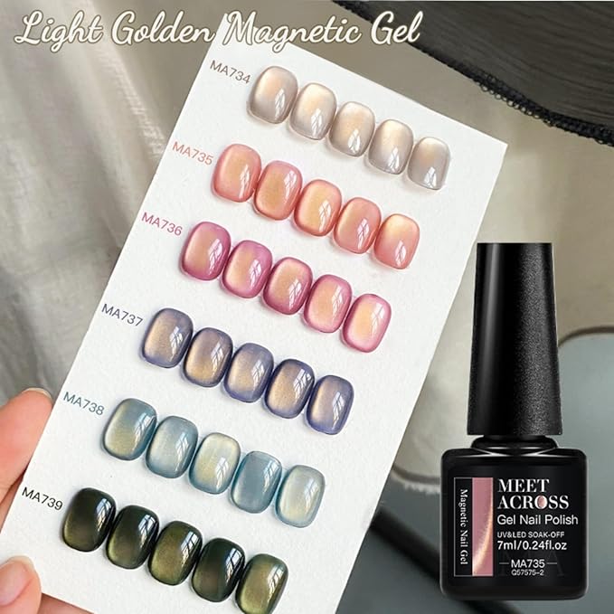 MEET ACROSS 8PCS/SET Light Golden Magnetic Gel Nail Polish Kit, Semi-Permanent Soak Off LED, Super Bright Cat Eye Series Nail Art Gift for Women