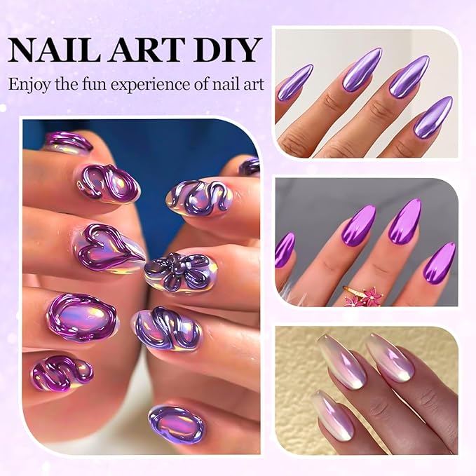 3D Nail Gel and Chrome Nail Powder Kit: 10g Sculpting Gel for Nail Art Metallic Mirror Effect Pigment Aurora Pearl Chrome Powder for Home DIY Salon Use (Purple)