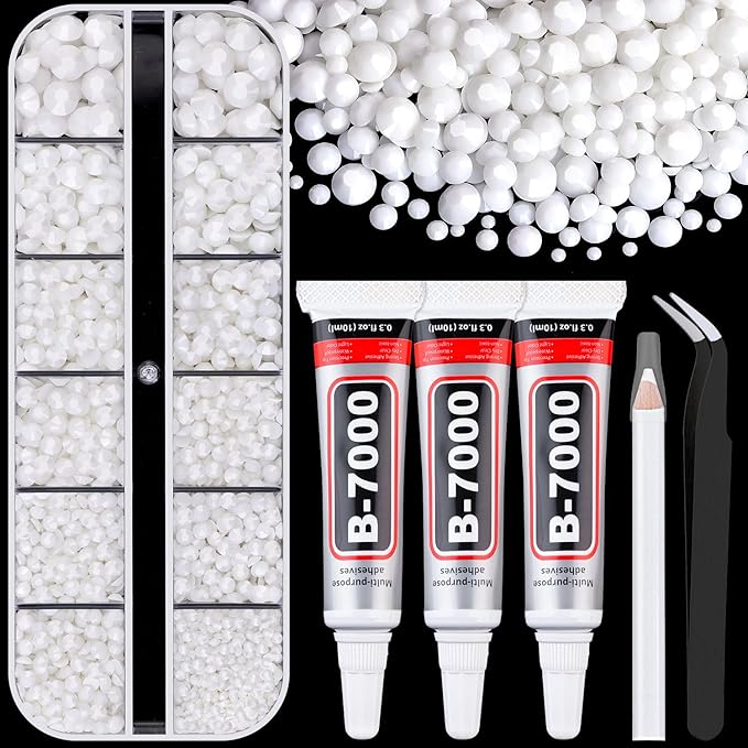 6000Pcs Resin Rhinestones for Bedazzling with 3Pcs B7000 Jewelry Glue, 1 Box White Flatback Rhinestones for Crafting Crafts DIY, Crystals Gems for Clothing Shoes Tumblers Nail Art Makeup