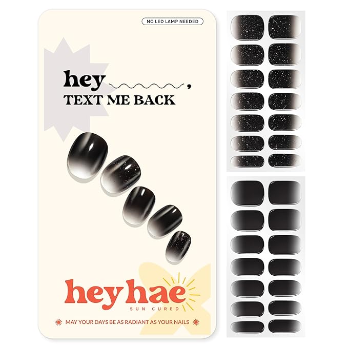 Heyhae Semi Cured Gel Nail Strips | No LED Lamp Needed | Ombre, Black | Easy Apply & Remove, Salon Quality | Includes 28 Strips, 1 Prep Pads, Nail File & Wooden Stick - Hey, Text Me Back