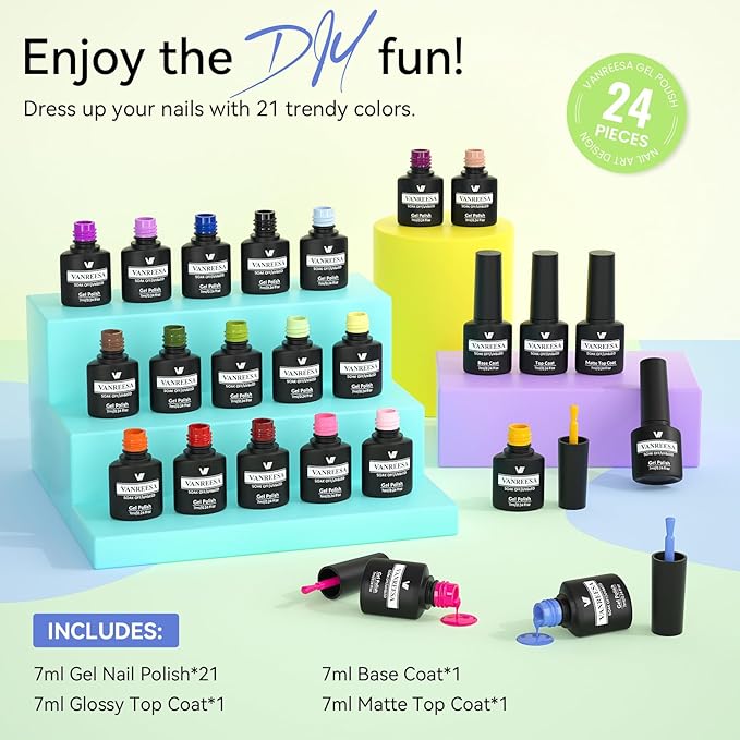 VANREESA 24 Pcs Gel Nail Polish Set, 21 Colors Gel Polish with Base Coat Glossy & Matte Top Coat Pink Red Yellow Orange Green Brown Blue Purple Gel Polish Kit Nail Kit Gifts for Women Girls