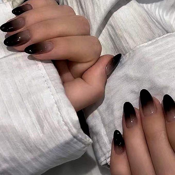 Black Press on Nails Medium Almond Fake Nails Press ons Medium False Nails with Designs Ombre Glossy Full Cover Acrylic Glue on Nails Halloween Stick on Nails for Women Nail Art Decoration 24Pcs