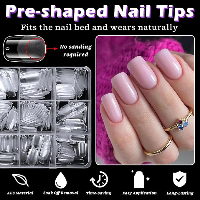 LoveOurHome 360pc Medium Squoval Nail Tips Clear Fake Nails Soft Gel Nail Tips Full Cover Round Square Acrylic Nails Clear Press on Nails Medium False Fingernail 15 Sizes for Gel Nail Extension