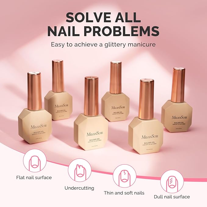 MelodySusie 6PCS Builder Gel Set for Nails Thickening,15ML Pink Base Colors Clear Rubber Base Gel Polish,Soak Off UV Extension,Rhinestone Nail Glue in a Bottle for Nail Art Design Gift for Women