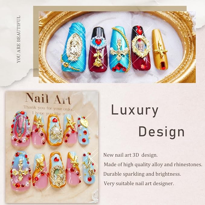 65pcs Virgin Mary Cross Gold Nail Charms 3D Heart Angel Rose Flower Alloy Rhinestones for Acrylic Nail Art Religious San Judas Nail Stickers Chains Gems Jewels Manicure Decoration Supplies DIY