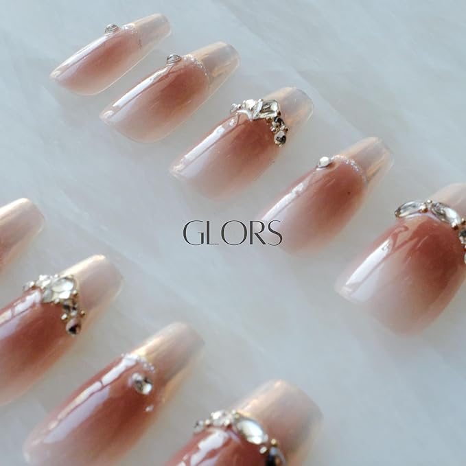 Long Ballerina Press-on Nails, Pink French Style with Rhinestones, Coffin Shape, Handmade False Nail 10 Pieces (Medium,LB)