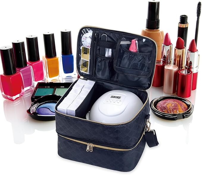 Nail Polish Organizer Case Holds 40 Bottles(15ml/0.5fl.oz) and Nail Lamp, Double Layer Nail Polish Storage with Adjustable Dividers,Portable Carrying Bag for Nail Kit, Manicure Tools Black