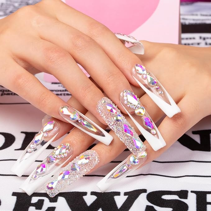 LOVFUL Press on Nails Aurora Light | Handmade with Full Covered Crystals | Reusable Fake Nails | Square Mid length 1.7in | H36-L