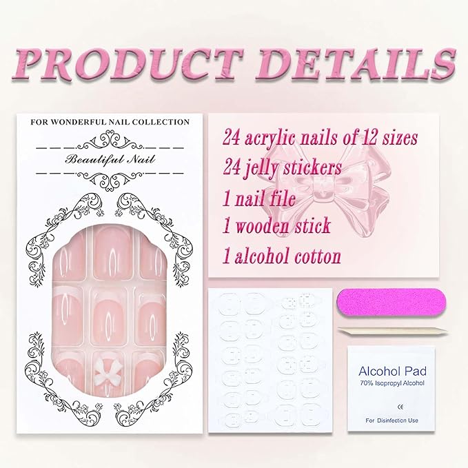 Press on Nails Short Square MABKJLF White French Tip Fake Nails False Nails with Designs Bow Charm Glossy Glue on Nails Stick on Nails Acrylic Nails for Women Girls 24 Pcs