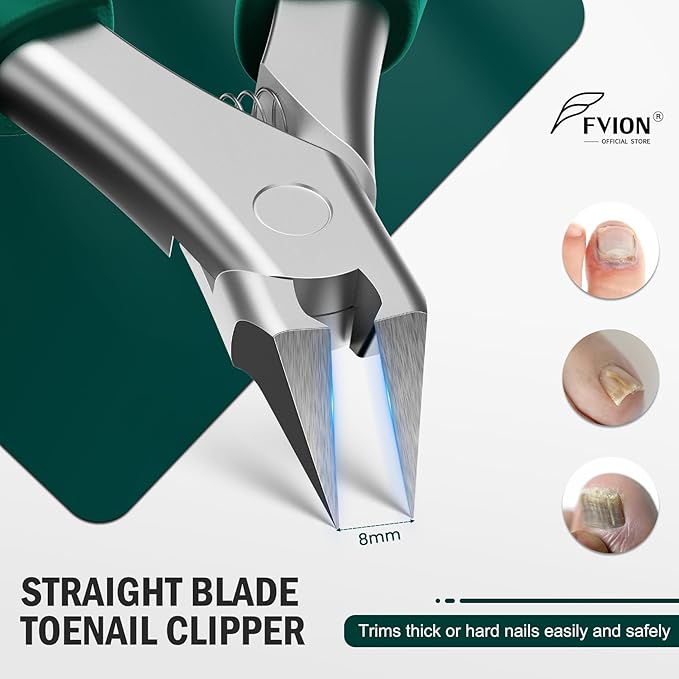 FVION Straight Blade Toenail Clippers, Comfort Handle Ingrown Toe Nail Clippers for Thick Nails for Seniors, Finger Nail Clippers for Adult (Green)