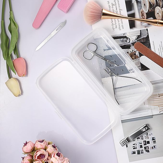 JUXYES Plastic Sterilizing Tray for Nail Art Accessories Tools, Portable Nail Art Tool Sterilizer Tray with Strainer, Fully Transparent Storage Box Organizer for Tweezer, Manicure Tools