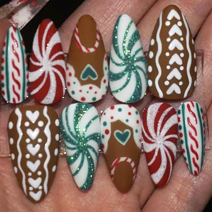 30pcs Christmas Press on Nails Medium Almond Fake Nails Glitter Red Green Spiral Pattern False Nails with Colorful Stripe Heart Design Brown Glue on Nails Full Cover Artificial Stick on Nail for Women