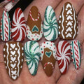 30pcs Christmas Press on Nails Medium Almond Fake Nails Glitter Red Green Spiral Pattern False Nails with Colorful Stripe Heart Design Brown Glue on Nails Full Cover Artificial Stick on Nail for Women