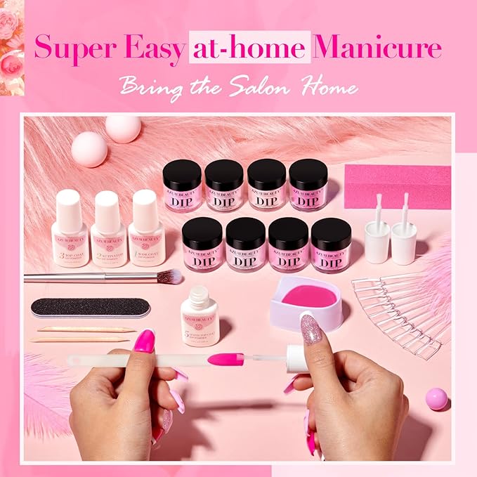 AZUREBEAUTY Dip Powder Nail Starter Kit with Matte Coat, 8 Hot Pink Glitter Neon Summer Color, Dipping Powder Liquid Set with Base/Top Coat/ Activator/10 Nail Sticks Salon at Home Valentine's Day Gift