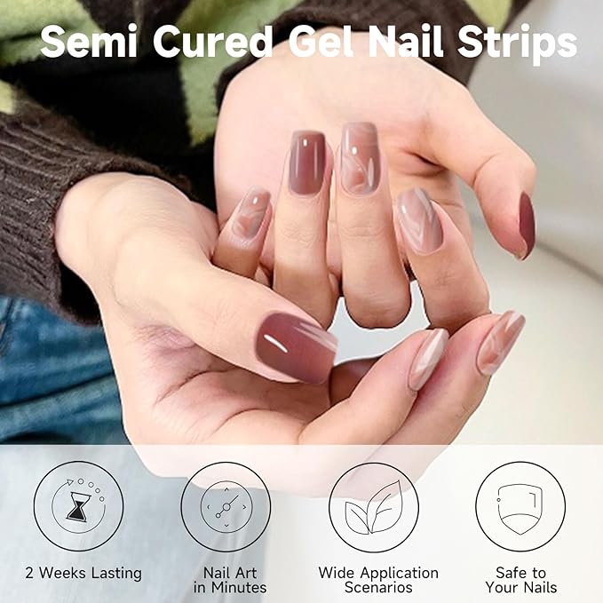 Semi Cured Gel Nail Strips, 28 pcs Gel Nail Stickers Work with Any UV Lights, Long-Lasting Nail Wraps, Stick on Nails for women Easy to Apply & Remove