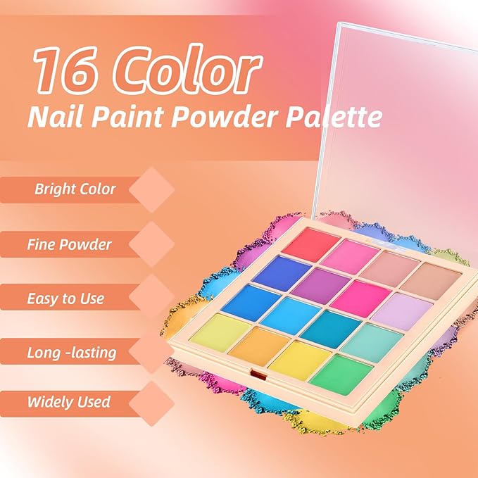 Nail Pigment Powder Palette Set, 16 Colors Ombre Nail Powder Palette with 100pcs Sponges & Tweezers French Aura Nails Ombre Nail Brush Nail Long-lasting Manicure Art DIY Accessories 07 Set