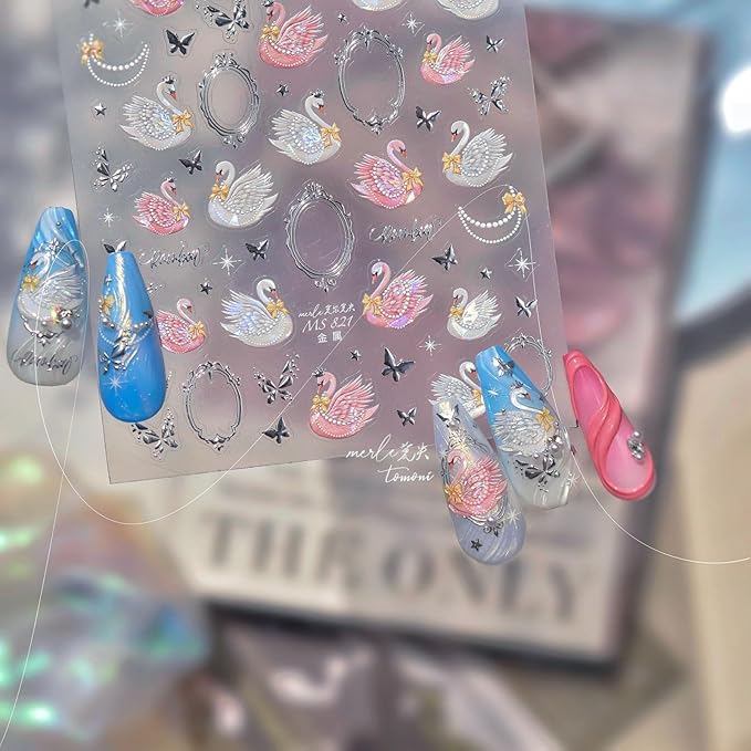 Swan Nail Stickers 5D Embossed Pink Animal Print Nail Art Stickers Self-Adhesive Yellow Bow Nail Decals Silver Butterfly Nail Designs Pearl Frame Nail Art Decoration for Women Manicure 1 Sheet