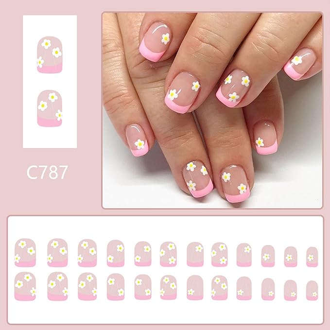 Pink French tip Press on Nails Short Square Fake Nails with Cute White Flower Design Glue on Nails Nude Stick on Nails Glossy Spring Nails Acrylic Summer False Nails for Women Girls Manicure 24 Pcs