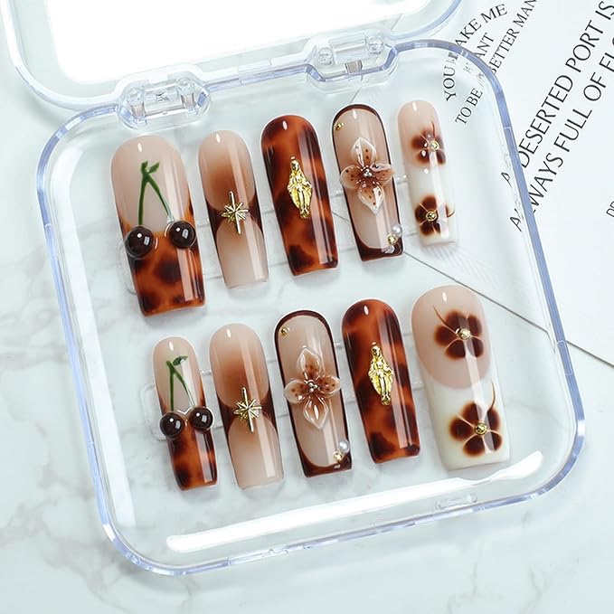 Brown French Tip Press on Nails Long Coffin Fake Nails Handmade Press on Nails 3D Luxury Flower and Cherry Embossed Designs Muti-Layer Gel Thick False Nails Glossy Acrylic Nails for Women (Size S)