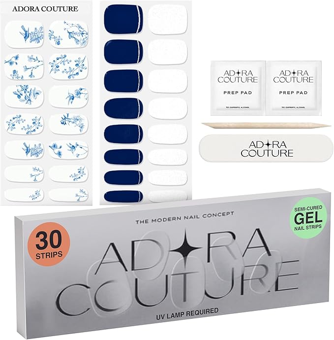 Semi Cured Gel Nail Strips with 30 Pieces - UV Gel Stickers, Manicure Kit, Easy Application Wraps Includes Prep Pads, Nail File, Wooden Stick - UV Light Required (Porcelain)
