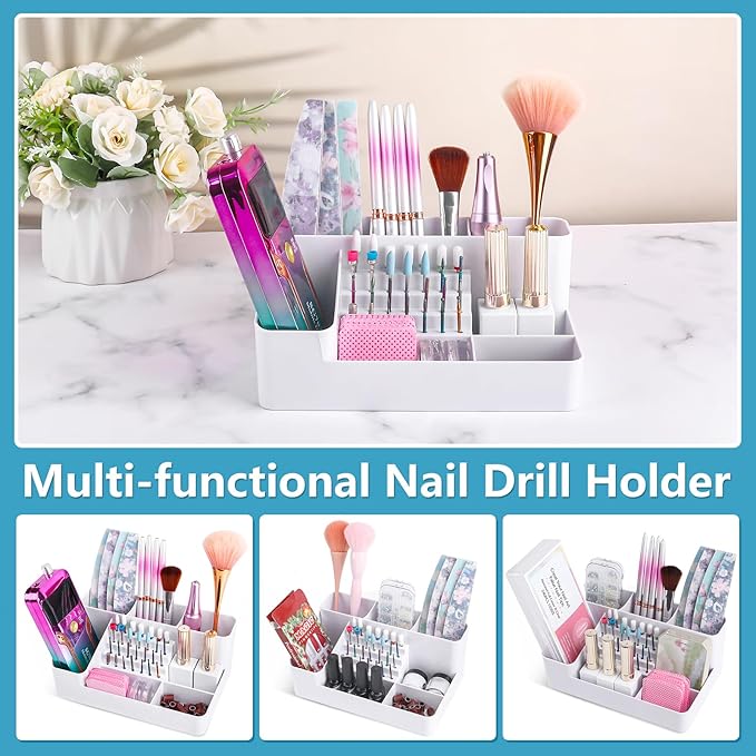 Nail Drill Holder & 28 Holes Nail Drill Bits Holder, Transparent Acrylic Nail Drill Machine Storage Box, Professional Nail Drill Organizer Case for Manicure tools, White