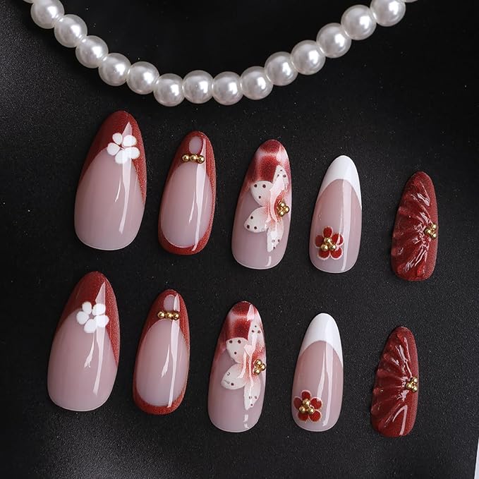 Handmade Press on Nails Medium Almond MABKJLF French Tip Fake Nails 3D False Nails with Flower Beads Designs Red&White Glossy Glue on Nail 3D Fall Acrylic Nails for Women Girls 24Pcs