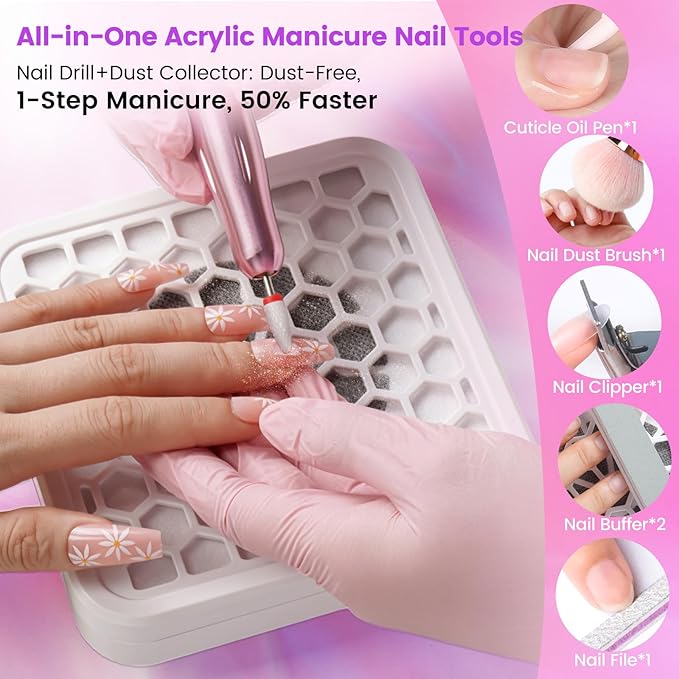 Nail Drill Kit with Dust Collector: Electric Nail File Drill Nails Machine Professional 20000RPM Nail Grinder for Acrylic Gel Removal Manicure Pedicure Tool in Cosmetic Bag Salon Home