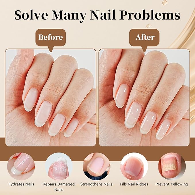 Clear Nail Polish Ridge Filling Base Coat, Nail Strengthener and Growth, Ridge Filler For Nails, Shea Butter & Vitamin E & Protein Formula, Hydrate Strengthen Nourish Damaged Natural Nails