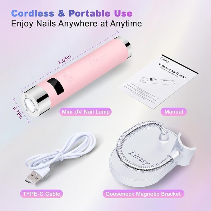 Mini UV Light for Nails with Auto Sensor & Gooseneck Stand,Portable Cordless Nail Lamp Flash Cure Lamp with LCD Display,Handheld UV Light for Gel Nails at Salon & Home Use (Pink)
