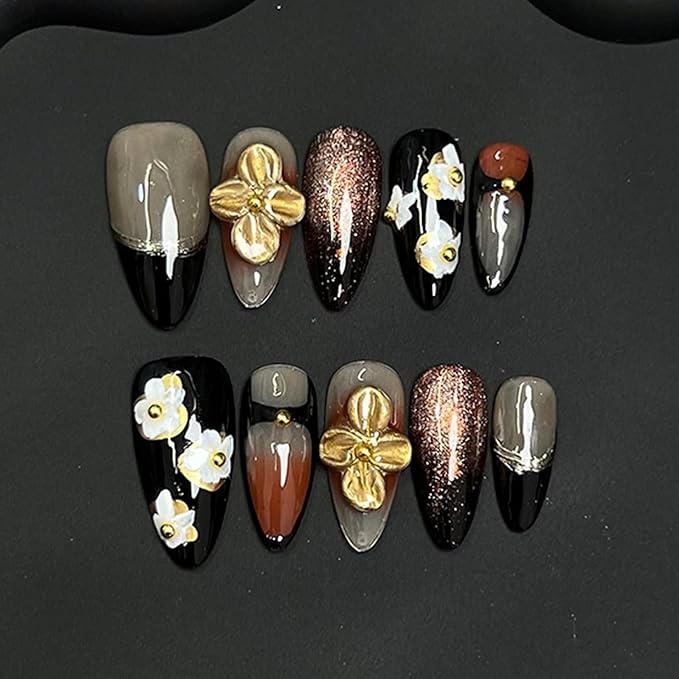 Handmade Press on Nails Medium Almond False Nails Black French Tip Stick on Nail 3D Fall Golden Flower Designs DIY Glitter Nail Art Reusable Multi-Layer Gel & Thick Acrylic Fake Nails for Women (M)