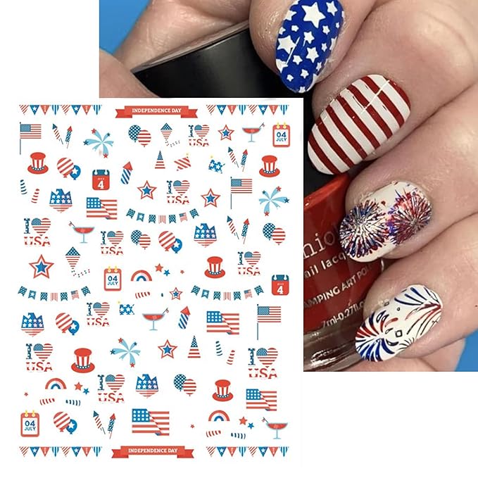 12 Sheets 4th of July Nail Stickers, Independence Day Patriotic Nail Decals, 3D Design Self-Adhesive Memorial Day USA Flag Star Nail Art