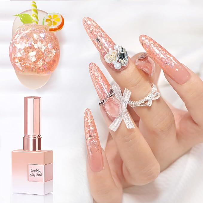 Double Rhythm 0.5Oz Glitter Gel Polish Same Color Same Bollte Shimmer Reflective Color for Nail Art Salon DIY Soak Off 15ml Nail Lamp Gel Polish at Home (Shell Peach-B1206)