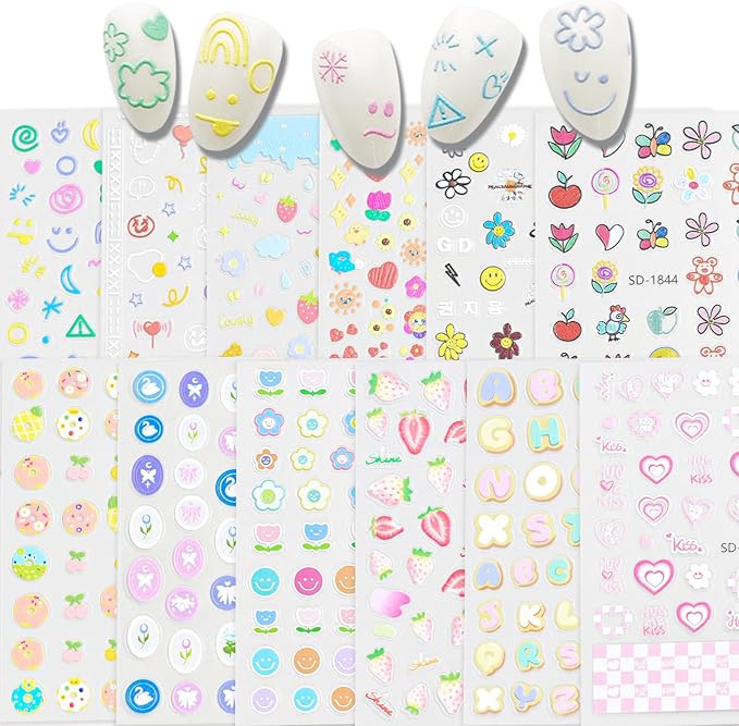 12 Sheets Cute Nail Stickers for Nail Art Stickers Cartoon Decals 3D Self-Adhesive Pegatinas Uñas Colored Letters Rainbow Flower Strawberry Nails Art Design for Women Manicure Decoration YX1231