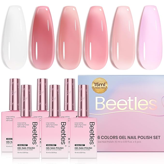 Beetles Nude Gel Nail Polish Set - 6 Colors Hema Free Summer 15ML Jelly Gel Polish Neutral Nude Pink Milky White Sheer Translucent Effect Full Size Soak Off UV Salon Colorful Bottle Gel Gift for Women