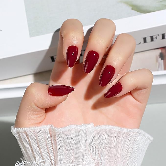 Luxbon Short Almond Press On False Nails with No-Cure Nail Glue and Tool Kit – Stick On Nails Soft Gel Tips 25-30pcs Full Size Set, Reusable Fake Nails for Women, Salon Look at Home, Burgundy