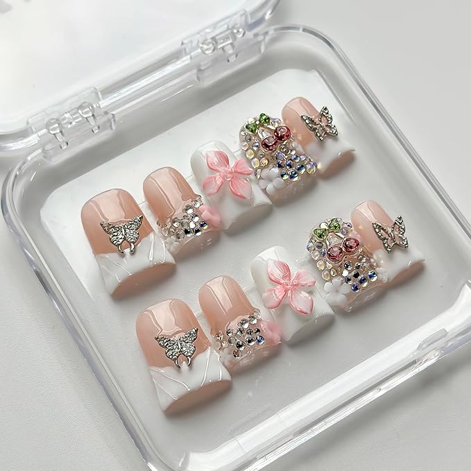Luxury Press on Nails Short Duck Handmade 3D Unique Reusable ABS Material Fake Nails White French Tip False Nails with Designs Pink Flower Butterfly Glossy Glue on Nail Thick Acrylic Nail(S)