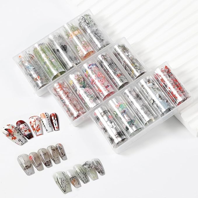 DANNEASY 15 Rolls Nail Art Foil Transfer, Landscape Painting Nail Foil Wraps Bamboo, Flowers, Cranes, Plum Blossoms Stickers Starry Sky Holographic Nail Foils for Women Nails Supplies