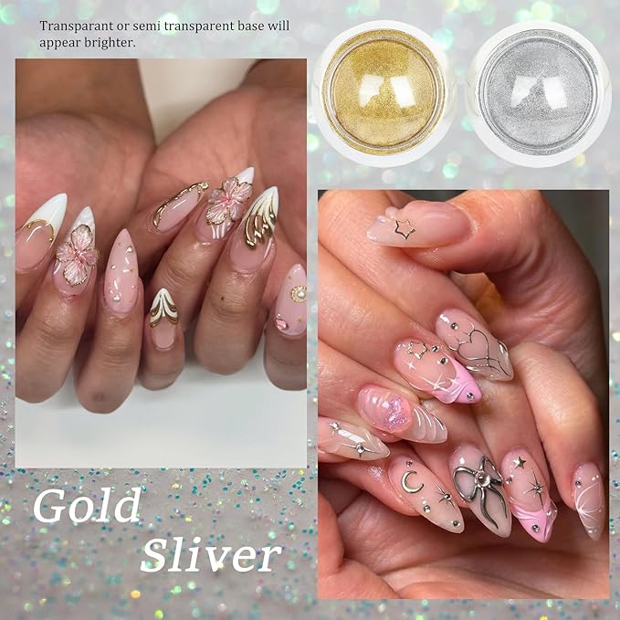 Chrome Nail Powder - 4 Jar Metallic Mirror Effect Pigment for Nail Gel Manicure DIY at Home Salon Women Gifts - Gold, Sliver, Glass Chrome, Pink Aurora
