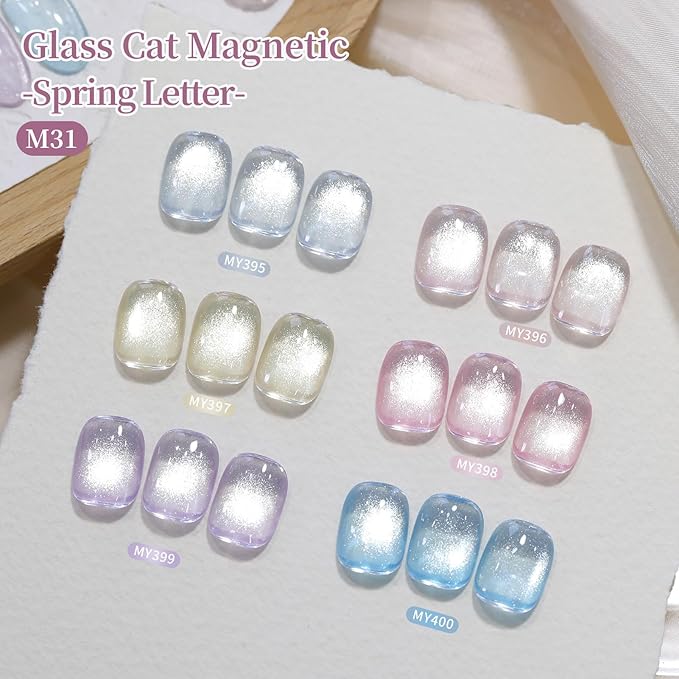 Born Pretty Spring Summer Cat Magnetic Eye Gel Nail Polish Set, 6 Colors Water Light Jelly Pastel Shimmer Glitter Glass Crystal Magnetic Gel Polish, Soak Off U V Gels for Salon DIY 7ML