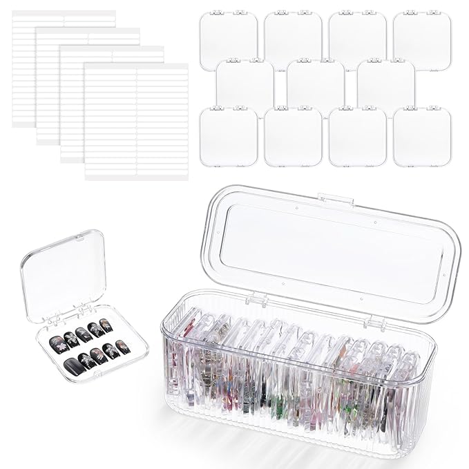 Press On Nail Packaging Box 14 PCS Clear Press On Nail Storage Boxes and 1 Big Storage Box with 54 Pcs Adhesive Double Sided Tape, Acrylic Nails Display Case Independent Packaging Dustproof