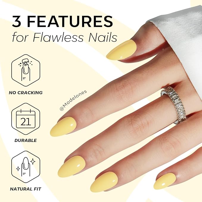 Modelones Yellow Press on Nails Almond, Easter Spring Neon Short Fake Nails, Reusable Nail Kit with Nail Glue Adhesive Tabs Mini Nail File, Nails Press Ons 32Pcs 16 Sizes, Women Girl Gift ﻿