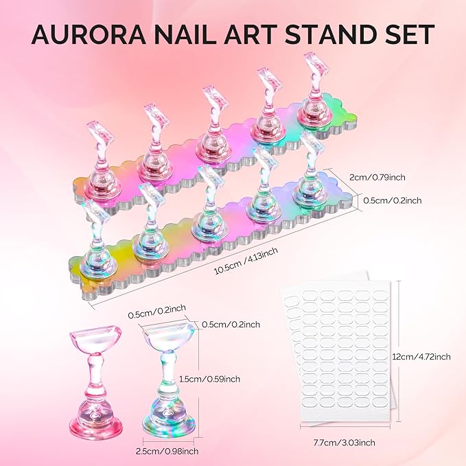 MelodySusie Nail Stand for Press Ons, 2 Sets Aurora Acrylic Magnetic Base for Painting Display Holder with Reusable Adhesive Putty for Home DIY Salon Supplies