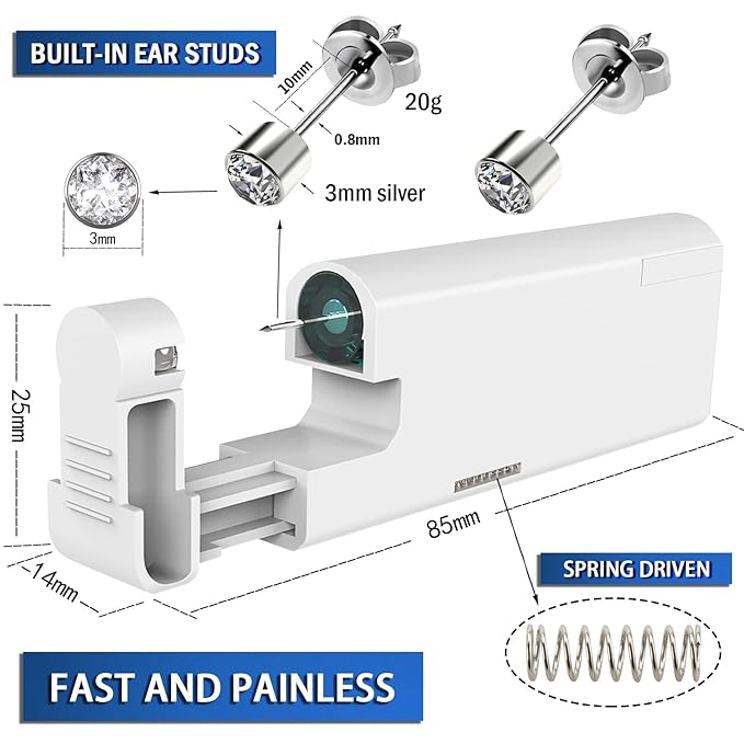 2Pcs Ear Piercing Kit Automatic and Painless Ear Nail Gun Disposable Aseptic Household Ear Piercing Gun Portable Ear Piercing Gun Group Ear Piercing Tools (3mm, Silver)