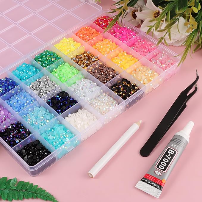 28 Colors Resin Jelly Rhinestones for Bedazzling, 5mm 8000Pcs Flatback Gems for Crafting, Bedazzling Kit with B7000 Glue for Clothing Shoes Nail Book Diamond Art