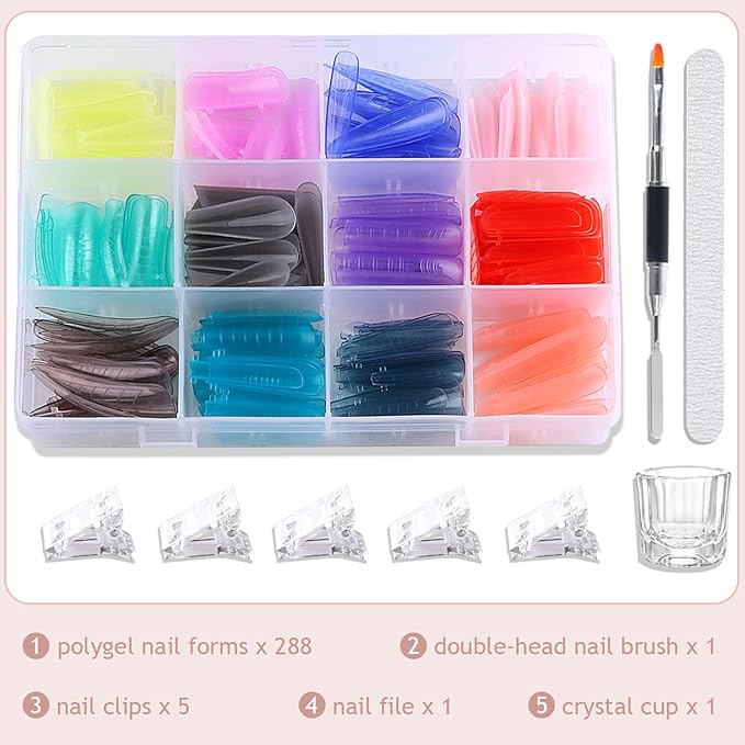 288pcs Polygel Nail Forms Kit, 12 Sizes Reusable Dual Forms For Builder Gel Ballerina Stiletto Square Nail Extension Molds With Tools for Home Manicure, Professional Nail Salon Supplies