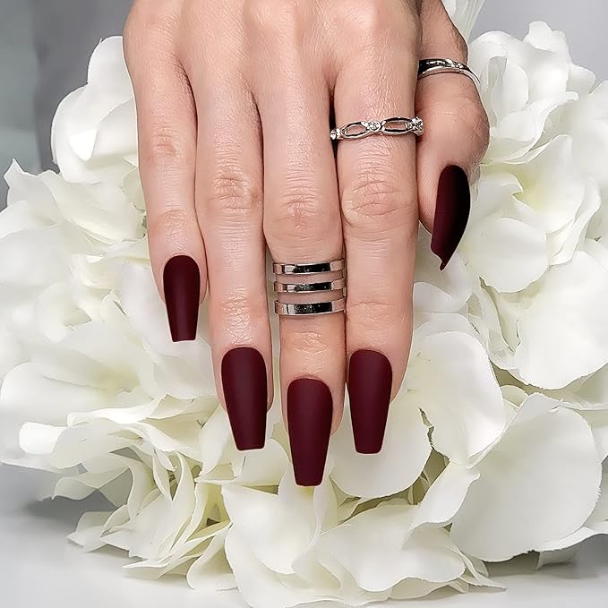 Hypnaughty 24 Pcs Maroon Xtreme Red Matte Coffin Press on Nails with Glue Medium Long Fake Nails Full Cover (Maroon Xtreme)