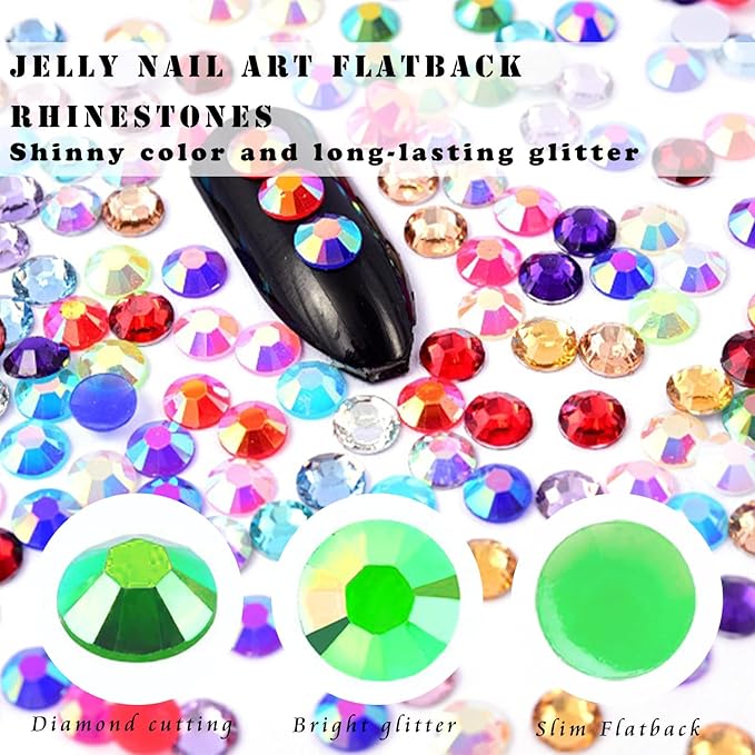 22800Pcs Rainbow Rhinestones for Crafts Nails Design Multi Sizes Flatback Resin AB Jelly Rhinestones 6 Colors Nail Gems for Nail Art DIY Clothes Shoes Jewelry